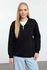 Trendyol Black Oversize/Wide Pattern Zipper Collar Thick Polar Fleece Knitted Sweatshirt