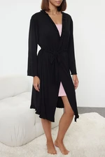 Trendyol Black Belted Ruffle Detailed Knitted Dressing Gown