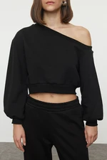 Trendyol Black Regular Fit Thick Inside Fleece Crop Asymmetrical Collar Knitted Sweatshirt