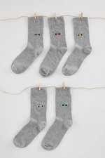 Trendyol Gray Unisex 5 Pack Car Embroidered Cotton Sock-Long Socks