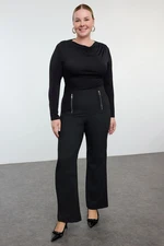 Trendyol Curve Black High Waist Ornamental Zipper Woven Plus Size Flare Trousers