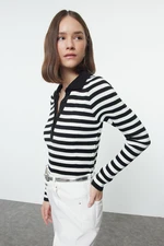 Trendyol Black Polo Neck Basic Striped Knitwear Sweater