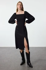 Trendyol Black Square Neck Balloon Sleeve A Cut Midi Belmando Fabric Woven Dress