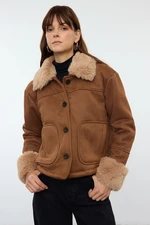 Trendyol Brown Regular Fit Plush Detailed Suede Coat