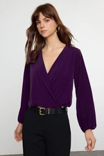 Trendyol Dark Purple Slim Double Breasted Collar Stretchy Knitted Blouse