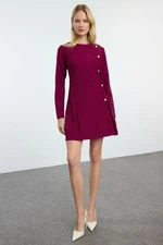 Trendyol Dark Cherry Fitted/Fits the Body Button Detailed Crew Neck Mini Woven Dress