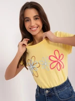 Yellow T-shirt with floral appliqué BASIC FEEL GOOD