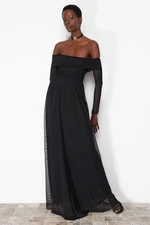 Trendyol Black A-Line Carmen Neckline Knitted Tulle Long Evening Evening Dress