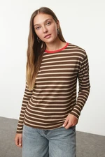 Trendyol Brown-Stone Striped Collar Colorful Ribbed Striped Basic Knitted T-shirt