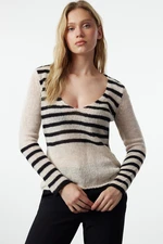 Trendyol Beige Soft Textured Loose Knit Striped Sweater