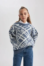 DEFACTO Girl&#39;s Crew Neck Patterned Sweater