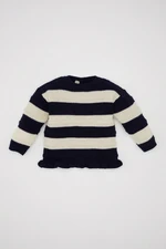 DEFACTO Baby Girl Navy Blue Striped Button-down Crew Neck Sweater