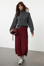 Trendyol Burgundy High Waist Pleated Stretchy Maxi Knitted Skirt