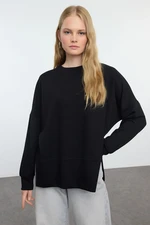 Trendyol Black Oversize/Wide Cut Slit Crew Neck Soft Touch Knitted Sweatshirt