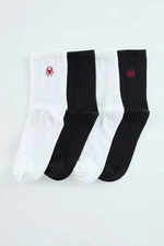 Trendyol Black-White Unisex 4-Pack Cotton Embroidered and Plain Mixed College-Tennis-Medium Length Socks