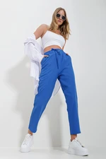 Trend Alaçatı Stili Women's Aviator Blue Elastic Waist Double Pocket Woven Trousers