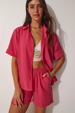 Happiness İstanbul Women's Dark Pink Linen Surface Shorts and Shirt Set