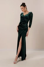 By Saygı Pleated Slit Long Velvet Dress