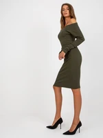 Khaki basic ribbed dress with long sleeves