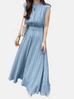 Textured Stand Collar Sleeveless Maxi Dress With Belt