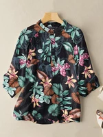 Half Sleeve Stand Collar Plant Print Button Loose Fit Blouse