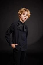 DEFACTO Oversized Polo Collar Black Basic Long Sleeve Shirt