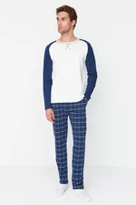 Trendyol Navy Blue 100% Cotton Plaid Knitted Pajama Set