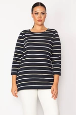 Şans Women's Plus Size Black Crewneck Striped Tunic