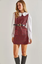 Bianco Lucci Women's Belted Plaid Patterned Collar Dress