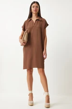 Happiness İstanbul Women's Brown Polo Neck Summer Loose Linen Ayrobin Dress