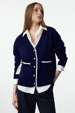 Trendyol Navy Blue Wide Cut Color Block Wide Cut Knit Cardigan