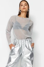 Trendyol Gray Lurex Crew Neck Regular/Normal Fit Transparent Tulle Knitted Blouse