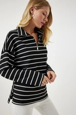 Happiness İstanbul Women's Black Striped Oversize Seasonal Knitwear Blouse