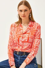 Olalook Women's Orange Patch Patterned Woven Viscose Shirt