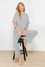 Trendyol Black-White Cotton Striped Ribbed Knitted Pajamas Set