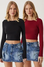 Happiness İstanbul Women's Burgundy Black Crew Neck Basic 2-Pack Crop Knitted Blouse