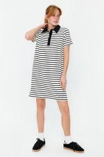 Trendyol Black and White Striped Polo Neck A-Line/A-Line Form Knitted Mini Dress