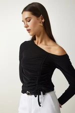 Happiness İstanbul Women's Black Gathered Detailed Knitted Blouse