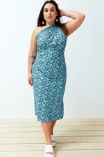 Trendyol Curve Blue Printed, Fitted, One-Shoulder Asymmetric Gathering and Degaje Detailed Knitted Dress