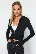 Trendyol Black Hooded and Zippered Ribbed Fitted Crop Stretchy Knitted Blouse