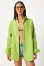 Happiness İstanbul Women's Pistachio Green Oversize Basic Muslin Shirt