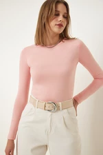 Happiness İstanbul Women's Light Pink Crew Neck Basic Viscose Knitted Blouse