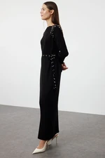 Trendyol Black Belted Pearl Detailed Corduroy Knitwear Dress