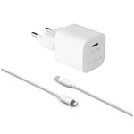 Set síťové nabíječky FIXED Mini s USB-C výstupem a USB-C/Lightning kabelu, podpora PD, 1.2 metr, MFI, 30W, bílý