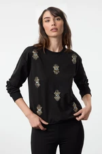 Trendyol Black Fine Eye Print Embroidered Relaxed/Comfortable Cut Knitted Sweatshirt