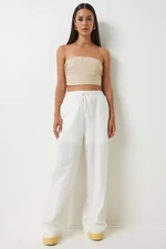 Happiness İstanbul Women's White Loose Cut Linen Trousers