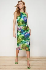 Trendyol Green Abstract Patterned Gather/Drape Detail Fitted Midi Flexible Knitted Pencil Dress