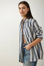 Happiness İstanbul Women's Cream Navy Blue Striped Oversize Knitted Shirt