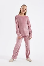 DEFACTO Girls Pajama Set Regular Fit Crew Neck Fleece Long Sleeve Top Long Bottom