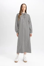 DEFACTO Relax Fit Striped Zippered Polo Neck Long Sleeve Maxi Dress